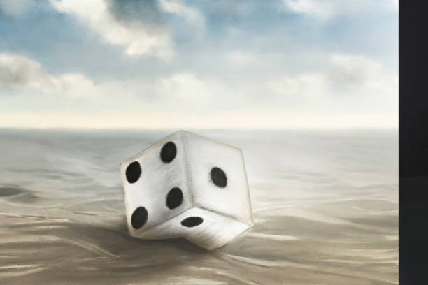 surreal dice stuck in the sand vector art illustration