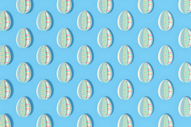 Easter egg paper ornament origami, blue background, 3d render.