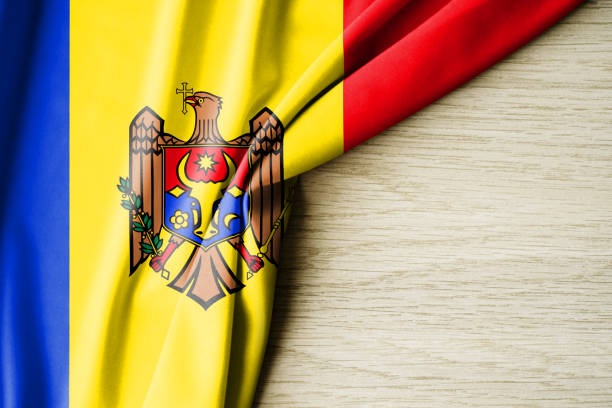istock Moldova flag. Fabric pattern flag of Moldova. 3d illustration. with back space for text. 1382989512