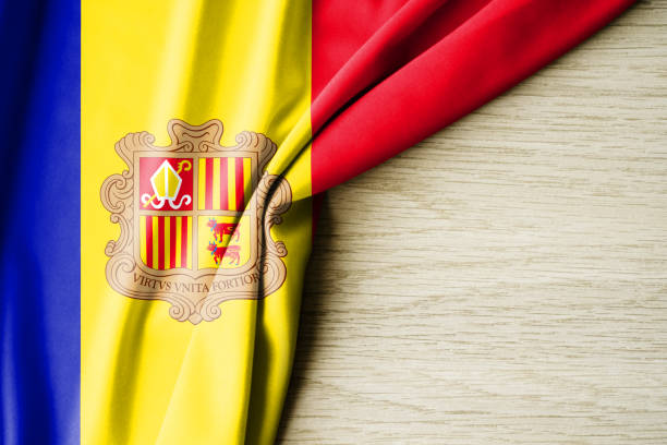 istock Andorra flag. Fabric pattern flag of Andorra. 3d illustration. with back space for text. 1382989562