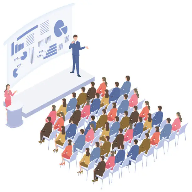 Vector illustration of Isometric illustration of a man holding a business seminar with a woman who is the moderator