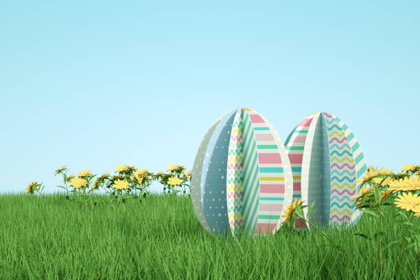 Easter egg paper ornament origami on meadow, 3d render.