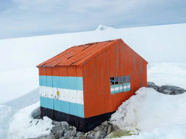 Photo of Well-preserved British scientific station standing at Damoy Point, near Port Lockroy, Palmer Archipelago, Antartctic Peninsula, Antarctica