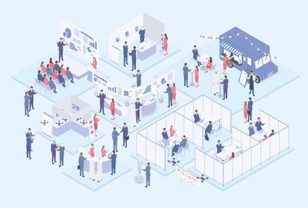 Isometric illustration of an IT-related exhibition event full of visitors It is an isometric illustration of an IT-related exhibition event that is full of visitors. spokesmodel stock illustrations