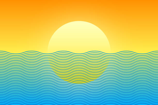 ilustrações, clipart, desenhos animados e ícones de ondas estilizadas do sol e do mar - verão