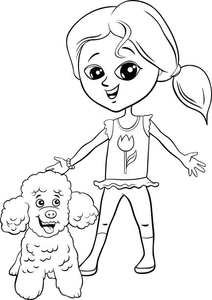 ilustraciones, imágenes clip art, dibujos animados e iconos de stock de chica de dibujos animados con perro caniche personaje de perro caniche dibujo para colorear página del libro - niña y niño libro para colorear