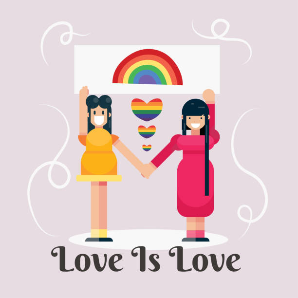 месяц гордости, любовь есть любовь две пары девушек держат радужные плакаты празднование баннер плакат дизайн вектор - heart shape gay pride gay pride flag lesbian stock illustrations