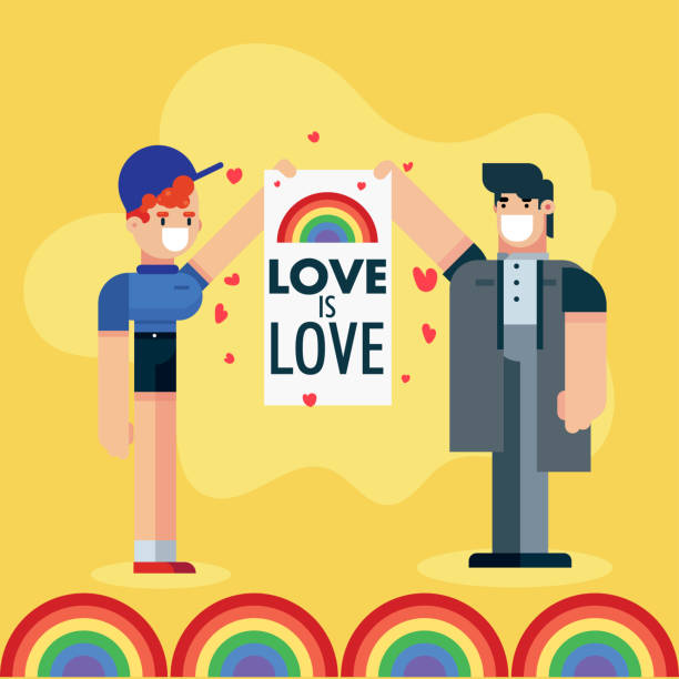 два гей лгбт пары мальчиков люди держат гордость месяц любовь это любовь с радужным плакатом векторная иллюстрация плакат - heart shape gay pride gay pride flag lesbian stock illustrations