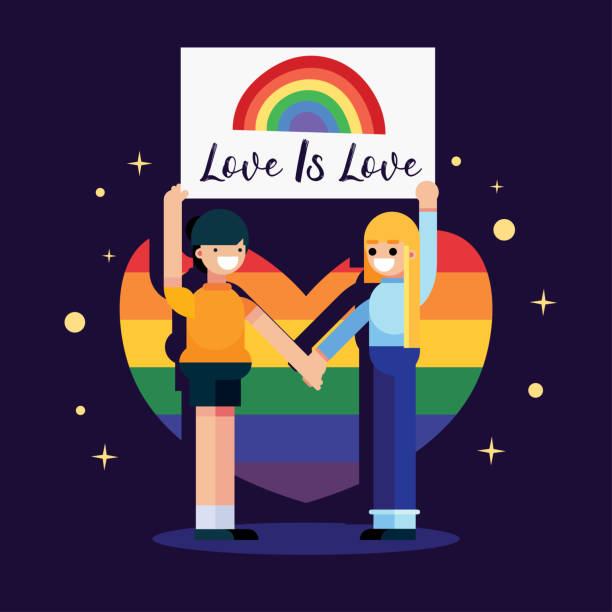 месяц гордости, любовь это любовь две пары девушек держат радужные плакаты сердце праздник баннер плакат дизайн вектор - heart shape gay pride gay pride flag lesbian stock illustrations