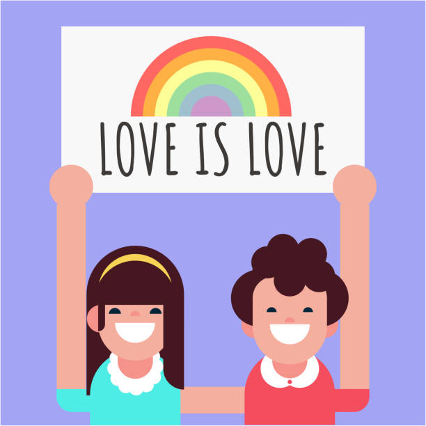 девушки пары любят держать в руках лгбт-плакаты. люди толпятся с радугой, гендерными знаками, лгбтк-сообществом, месяцем гордости. плакаты г - heart shape gay pride gay pride flag lesbian stock illustrations