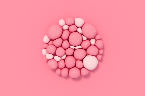 Soft stone spheres in circle shape abstract pink color background, 3d render.