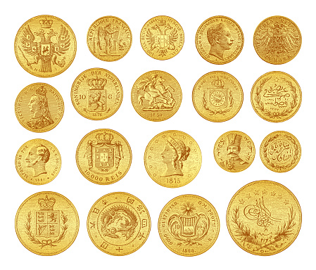 Vintage engraved illustration isolated on white background - Old 19th century gold coins collection