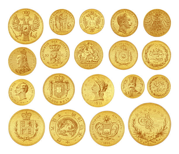 Old 19th century gold coins collection - Vintage engraved illustration Vintage engraved illustration isolated on white background - Old 19th century gold coins collection coin collection stock illustrations