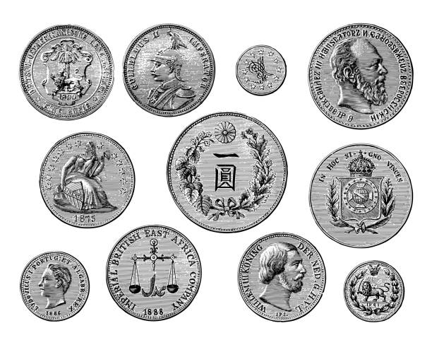 istock Old 19th century silver coins collection - Vintage engraved illustration 1383009499