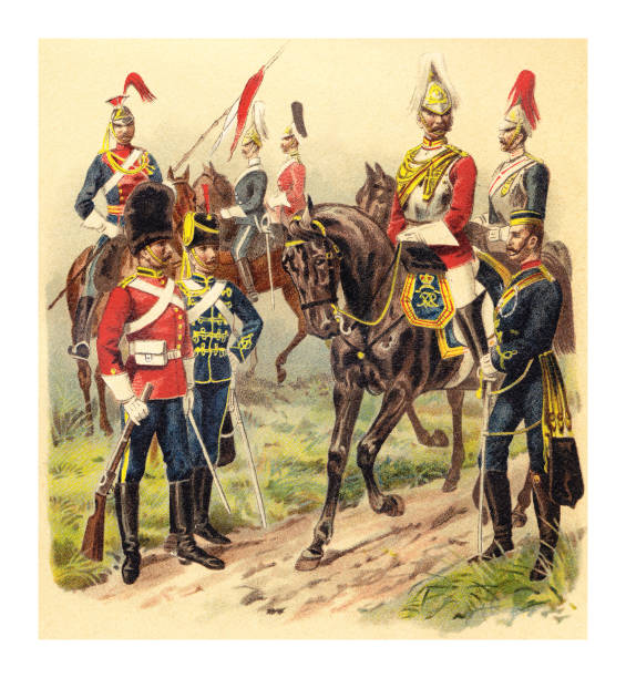 illustrazioni stock, clip art, cartoni animati e icone di tendenza di uniformi militari storiche della gran bretagna (cavalleria) - illustrazione a colori vintage - dutch colonial