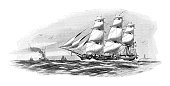 istock Prussian sailing corvette Amazone - Vintage engraved illustration 1383009685