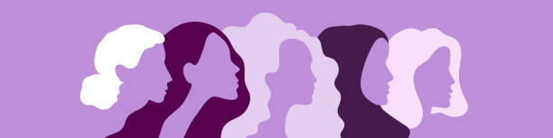 international women's day. march 8. portraits of different women in profile. horizontal format. violet colors. vector illustration, flat design - mor leylak stock illustrations