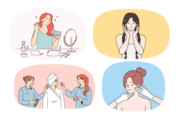 ilustrações, clipart, desenhos animados e ícones de conjunto de meninas felizes enfrentam tratamento de beleza - cosmetics beauty treatment moisturizer spa treatment