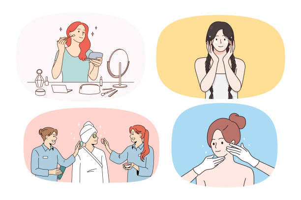 набор счастливых девушек делает косметические процедуры для лица - cosmetics beauty treatment moisturizer spa treatment stock illustrations