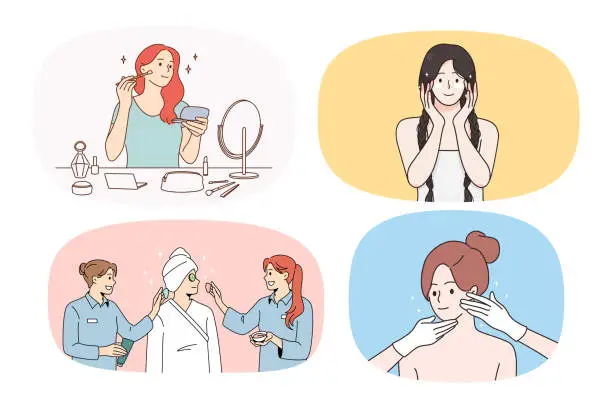 Vector illustration of Set of happy girls do face beauty treatment