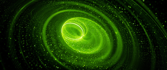 Green glowing spinning spreader, computer generated abstract widescreen background, 3D rendering
