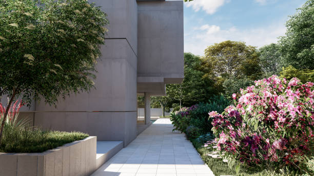 istock Contemporary concrete building and lush garden 1383018156