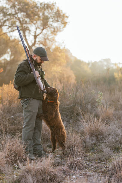 istock Hunter man hunting with his dog outdoors on the field. 1383019565