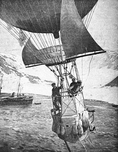 スピッツベルゲン、11歳。1897年7月、海の上空を飛行するアンドリー熱気球 - スヴァールバル島点のイラスト素材／クリップアート素材／マンガ素材／アイコン素材