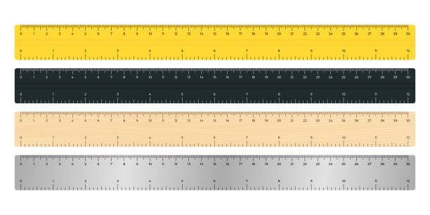 벡터 일러스트는 흰색 배경에서 격리된 30cm 및 12인치의 다른 테이프 눈금자입니다. 평면 스타일의 현실적인 학교 측정 통치자의 세트. 센티미터 와 인치의 양면 측정. - 눈금자 stock illustrations