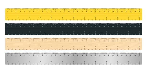 векторная иллюстрация различных ленточных линеек 30 см и 12 дюймов выделена на белом фоне. набор реалистичных школьных измерительных линеек  - ruler stock illustrations