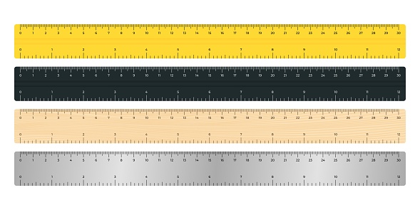 Vector illustration different tape rulers 30 cm and 12 inches isolated on white background. Set of realistic school measuring rulers in flat style. Double sided measurement in centimeter and inch.
