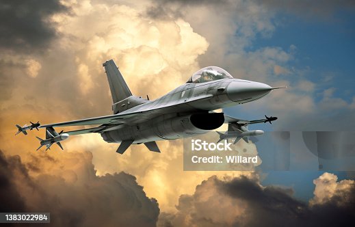 istock F-16 Fighting Falcon fighter jet (model) against dramatic clouds 1383022984