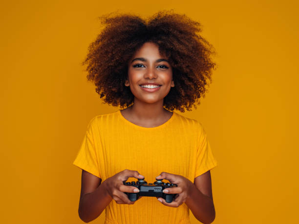 Woman holding joystick and playing