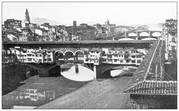 フィレンツェとトスカーナのアンティーク旅行写真:ヴェッキオ橋 - ponte vecchio点のイラスト素材／クリップアート素材／マンガ素材／アイコン素材