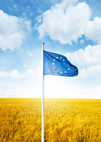 A European flag flies on a Ukrainian colour background