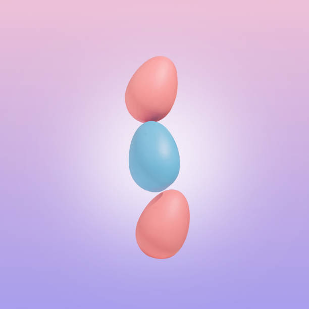 istock Dreamy pastel concept with blue and pink Easter eggs on bright purple background. Modern, minimal composition. 1383028124