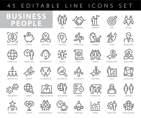 Business People - linear vector icon set. Pixel perfect. The set contains icons such as People, Teamwork, Presentation, Leadership, Growth, Manager, Success, Partnership etc.