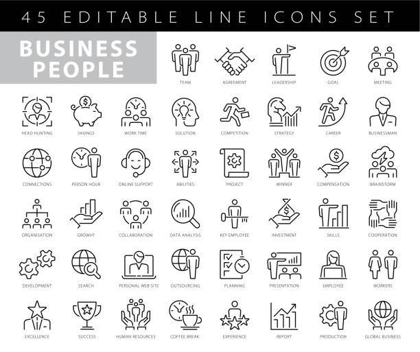business people - linear vector icon set. pixel perfect. the set contains icons such as people, teamwork, presentation, leadership, growth, manager, success, partnership etc. - 管理層 圖片 幅插畫檔、美工圖案、卡通及圖標