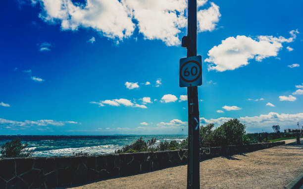A road sign next to the Ocean in Australia.