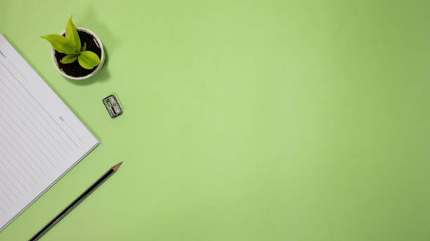 istock Flat lay black to school and education concept on green background  with blank notepad, pencil, green plant and supplies 1383036403