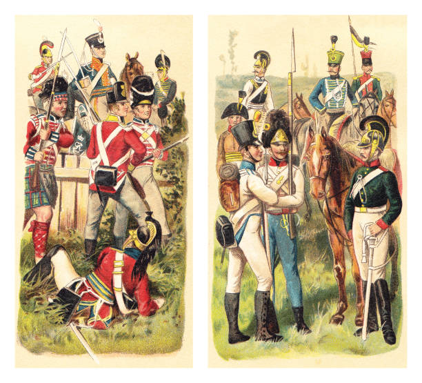 Historical military uniforms from England 1815 (left) and Austria-Hungary 1813 (right) - Vintage color illustration Vintage color illustration - Historical military uniforms from England 1815 (left) and Austria-Hungary 1813 (right) rifle old fashioned antique ancient stock illustrations