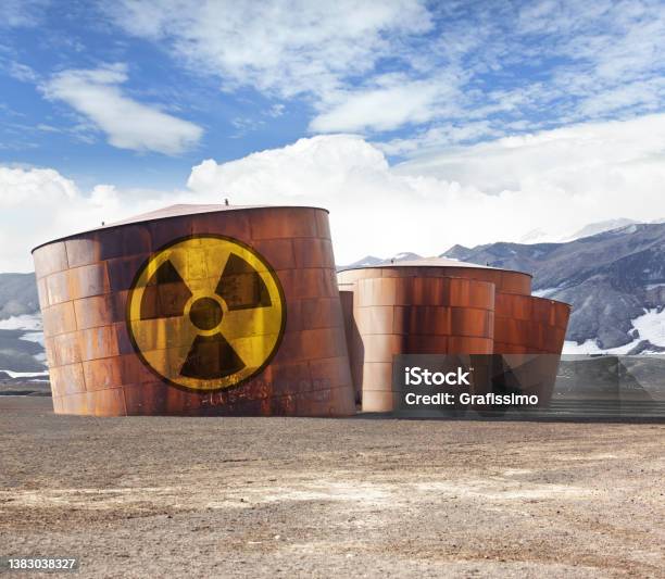 Radioactivity Strorage Pond With Warning Sign Stock Photo - Download Image Now - Uranium, Garbage, Pollution
