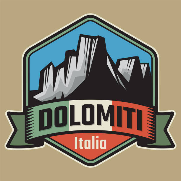 illustrations, cliparts, dessins animés et icônes de emblème avec le nom des dolomites mountains, dolomiti - sign hiking north sport symbol