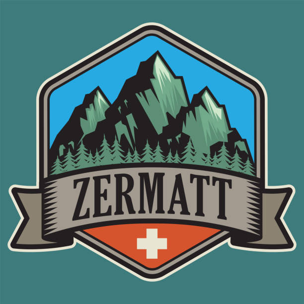 ilustraciones, imágenes clip art, dibujos animados e iconos de stock de emblema con el nombre de zermatt, suiza - mountain mountain peak mountain climbing switzerland