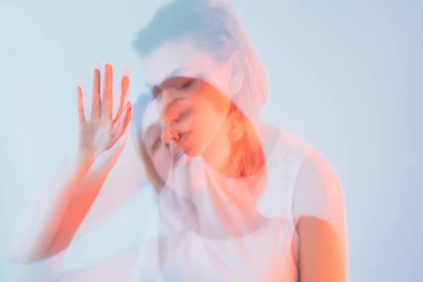 istock double exposure portrait tired woman neon sad face 1383040471