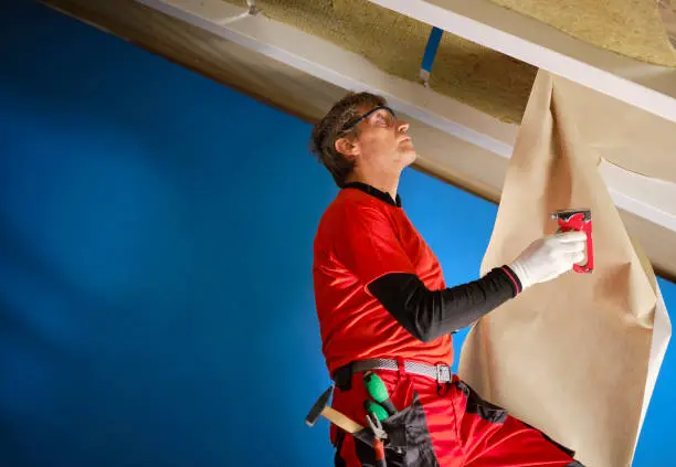 Craftsman in work clothes on a ladder, applies the anti-vapor sheet with a stapler to cover the rock wool panels inserted between the joists of the attic. The worker on the ladder performs energy efficiency work with insulating panels inside the house.