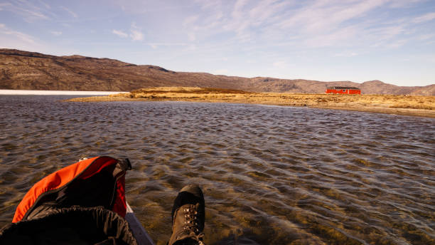 Arctic Circle Trail lake and mountain landscapes between Kangerlussuaq and Siimiut in Greenland. stock photo