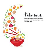 istock Flying poke bowl ingredients with hand written lettering and text. 1383045602