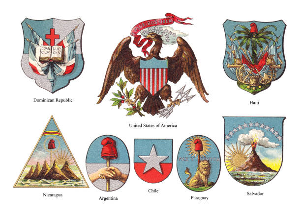 stockillustraties, clipart, cartoons en iconen met american countries coat of arms collection - vintage color illustration - el salvador