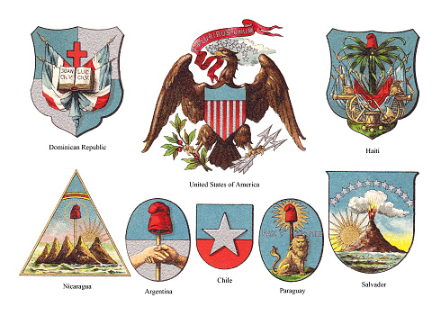 Vintage color illustration - American countries Coat of arms collection